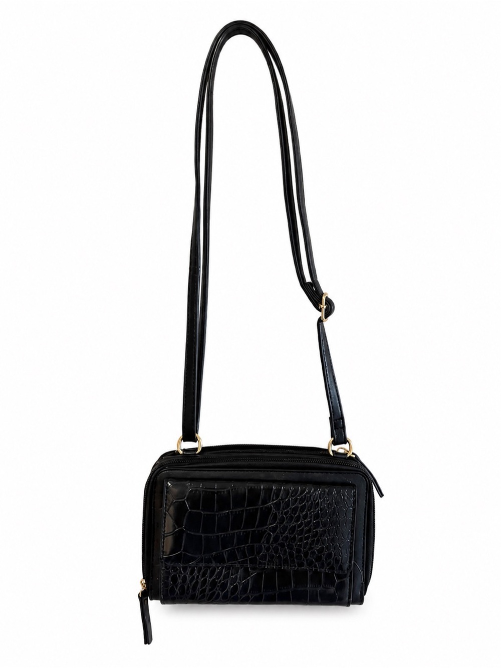 Black Croc Embossed Crossbody Wallet Purse Phone Bag RFID Style New